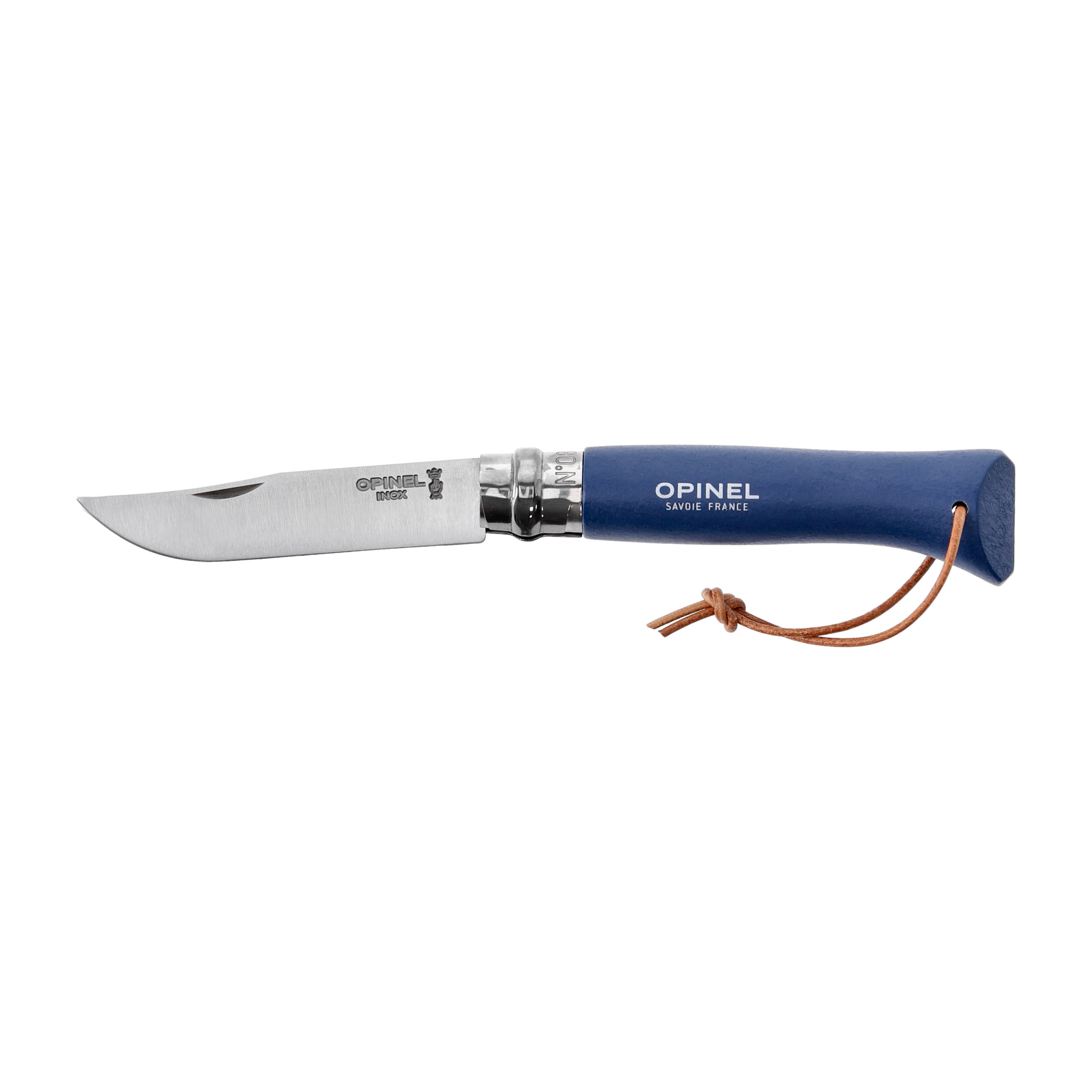 Nóż Opinel Colorama 08 inox grab niebieski z rzemieniem w etui