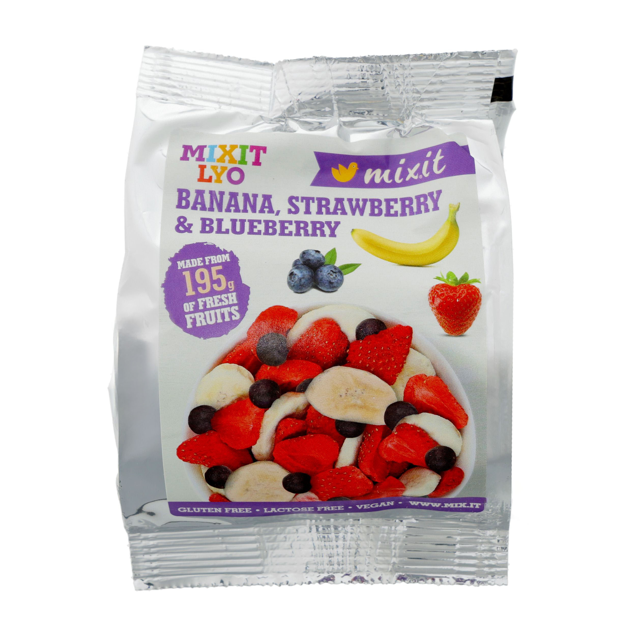 Chrupiące owoce do kieszeni Mixit: banan, truskawka, jagoda 23 g