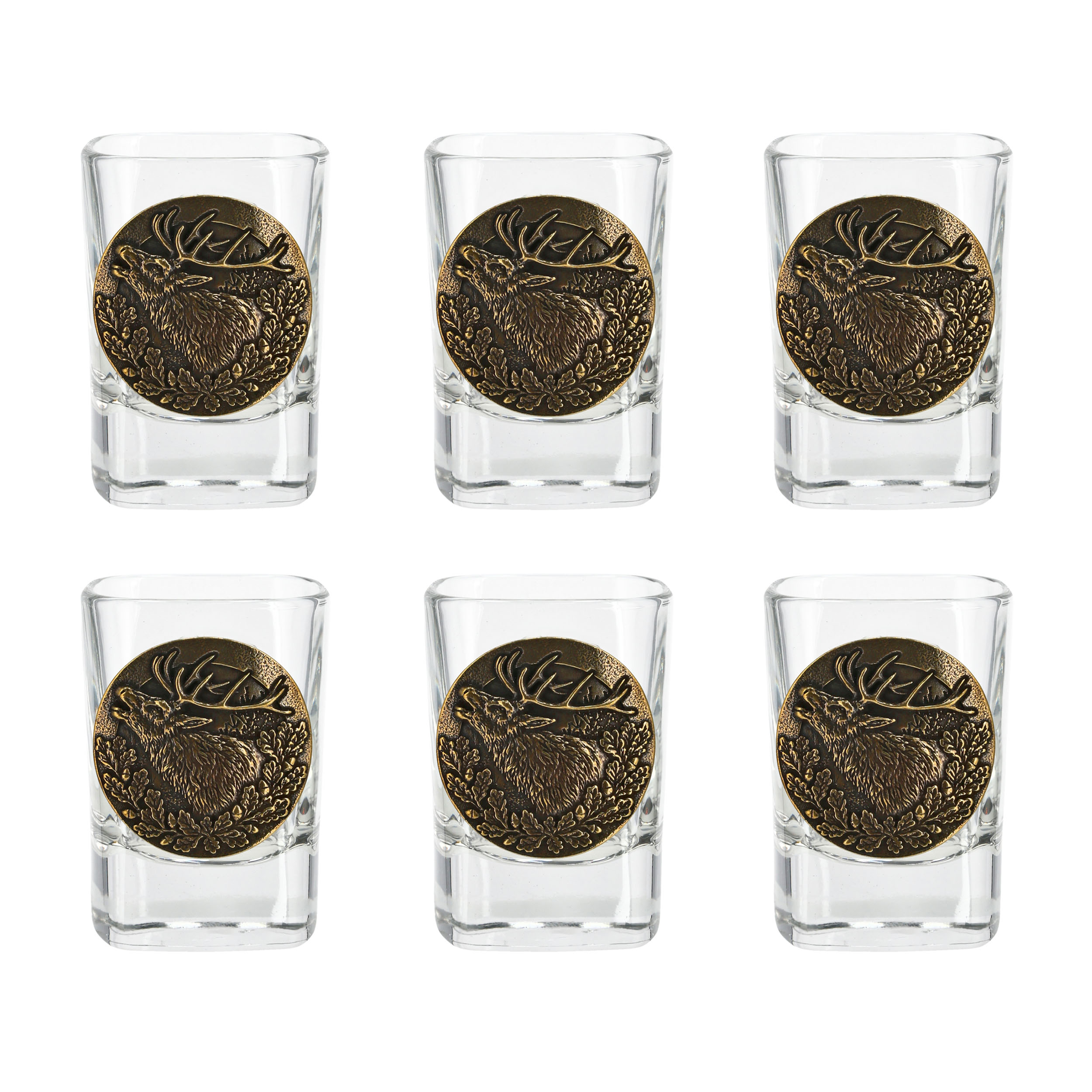 Kieliszki Golden Fox Qube z odlewaną plakietką mosiądz 6 szt. w drewnianym pudełku